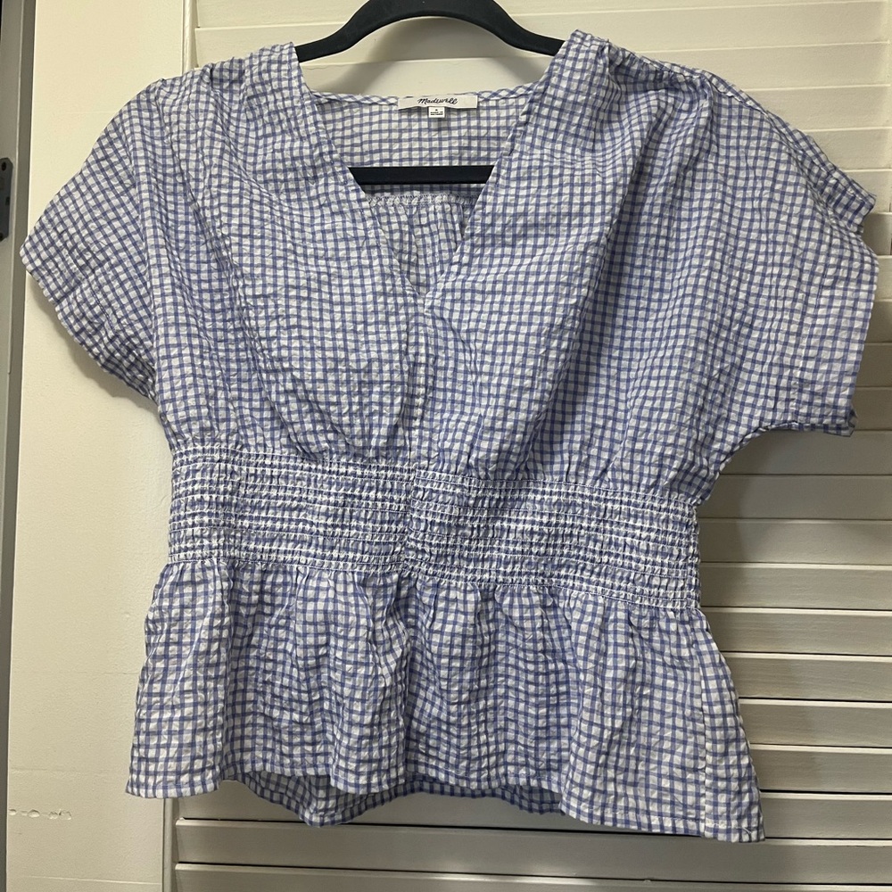 Madewell V-neck Smocked Waist Gingham Seersucker Top
